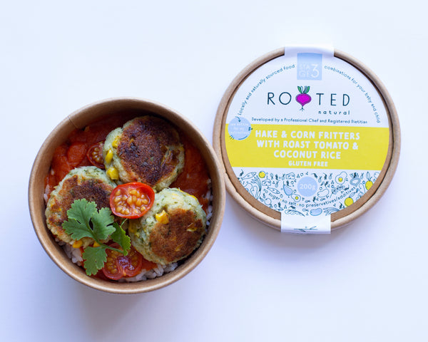 Hake and Corn fritters with Roast Tomato and Coconut Rice