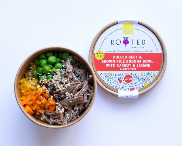 Pulled Beef and Brown Rice Buddha Bowl with Carrot and Sesame